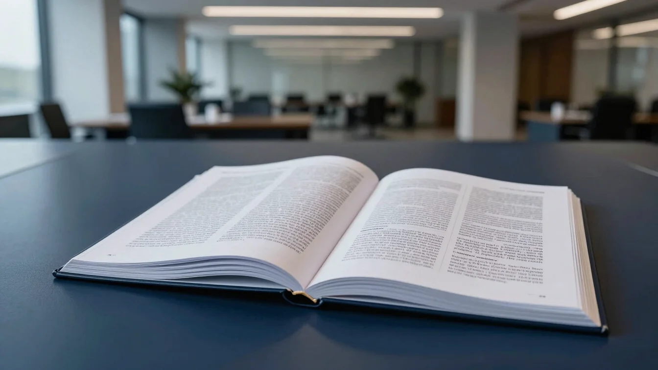 Crisp detail of a professional journal or report open on an execu
