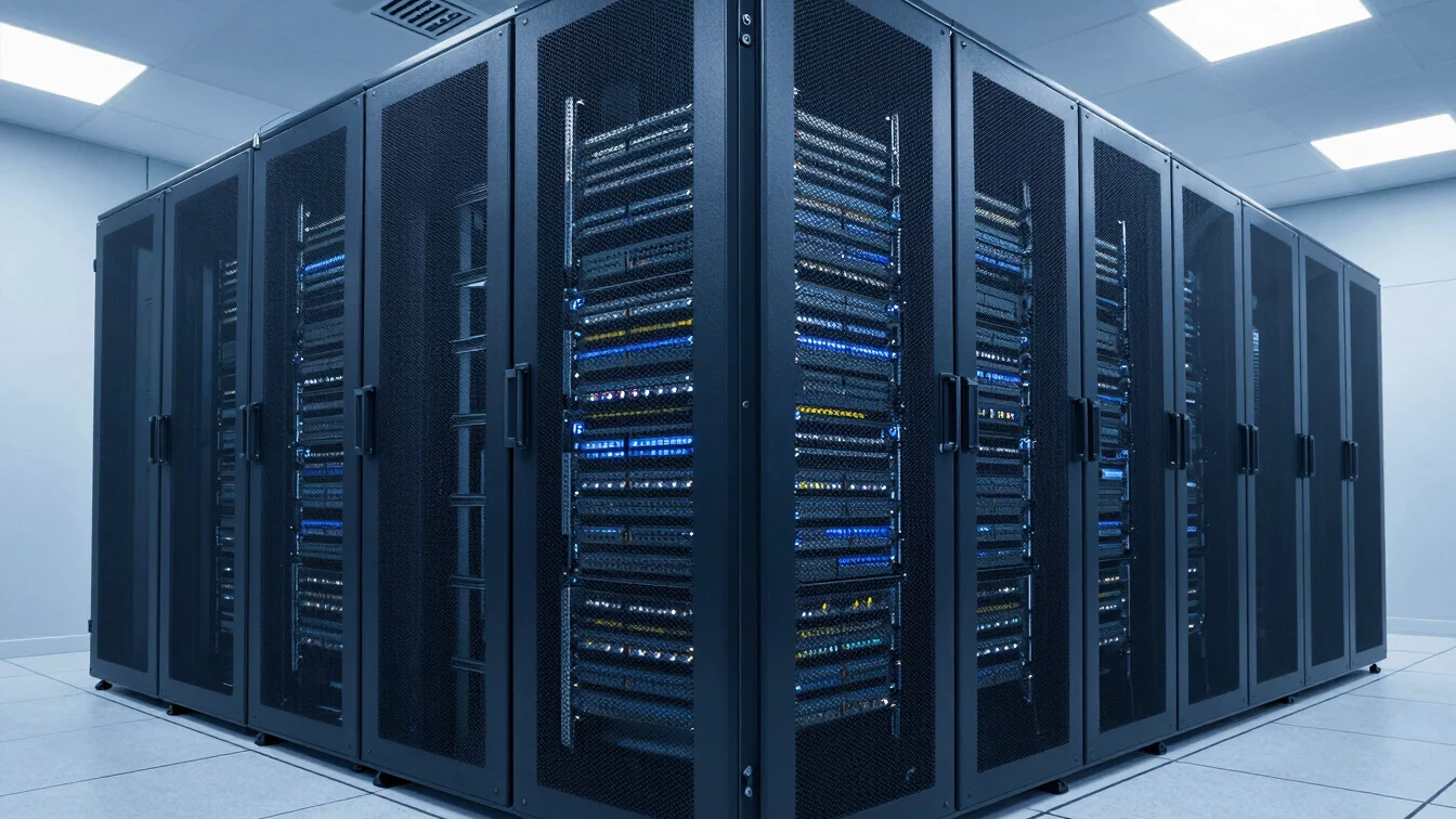 Architectural interior of a modern data center server rack, cool