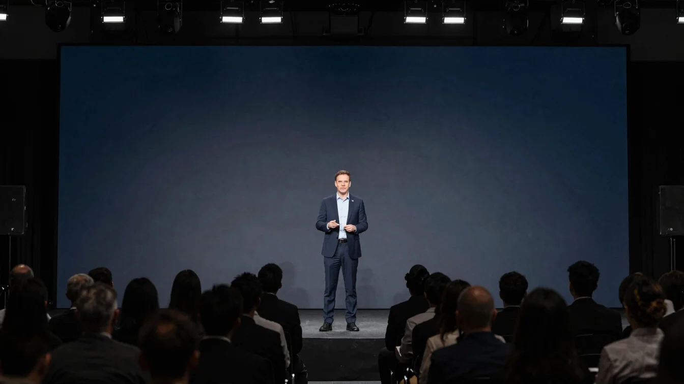 Executive presenting on a stage, audience in silhouette, architec