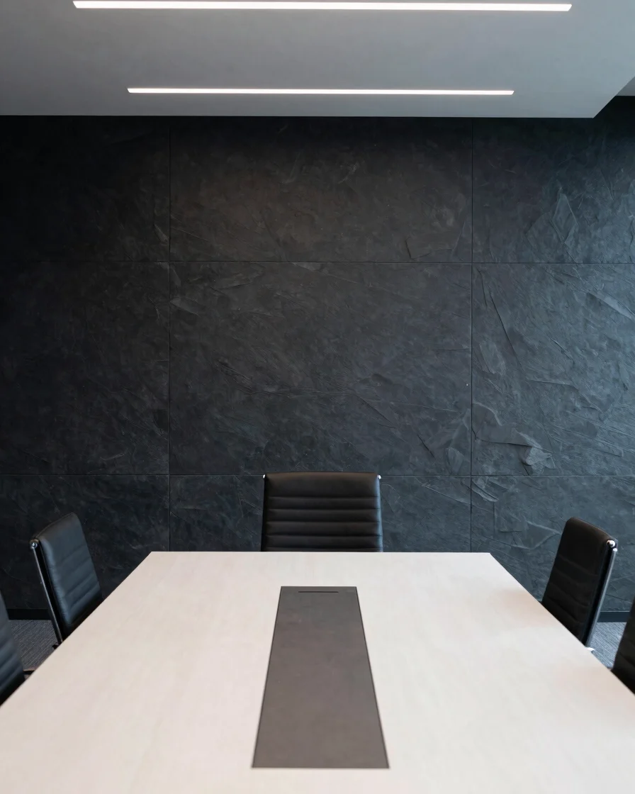 Architectural interior view of a modern executive meeting room with dark slate wall panels, cool directional overhead li