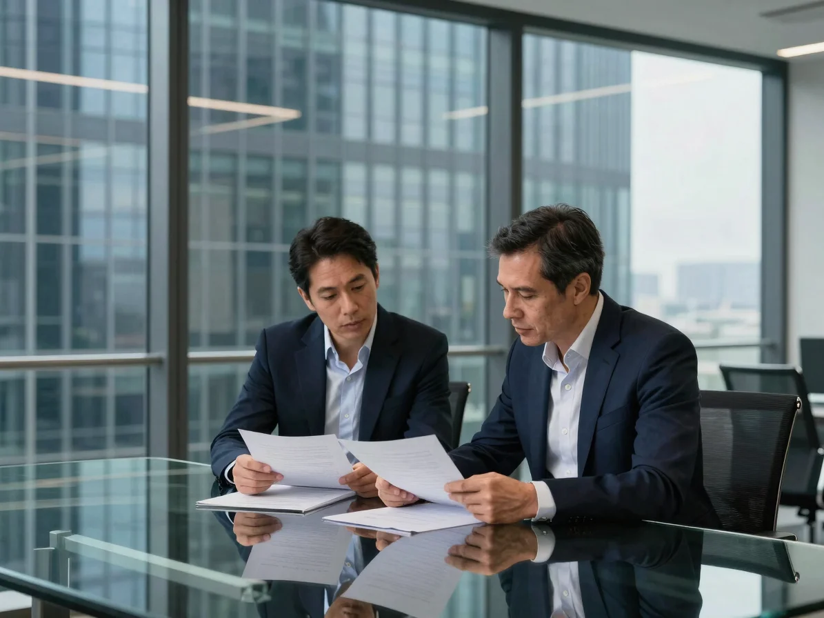 Two executives reviewing documents at a modern glass table in a h