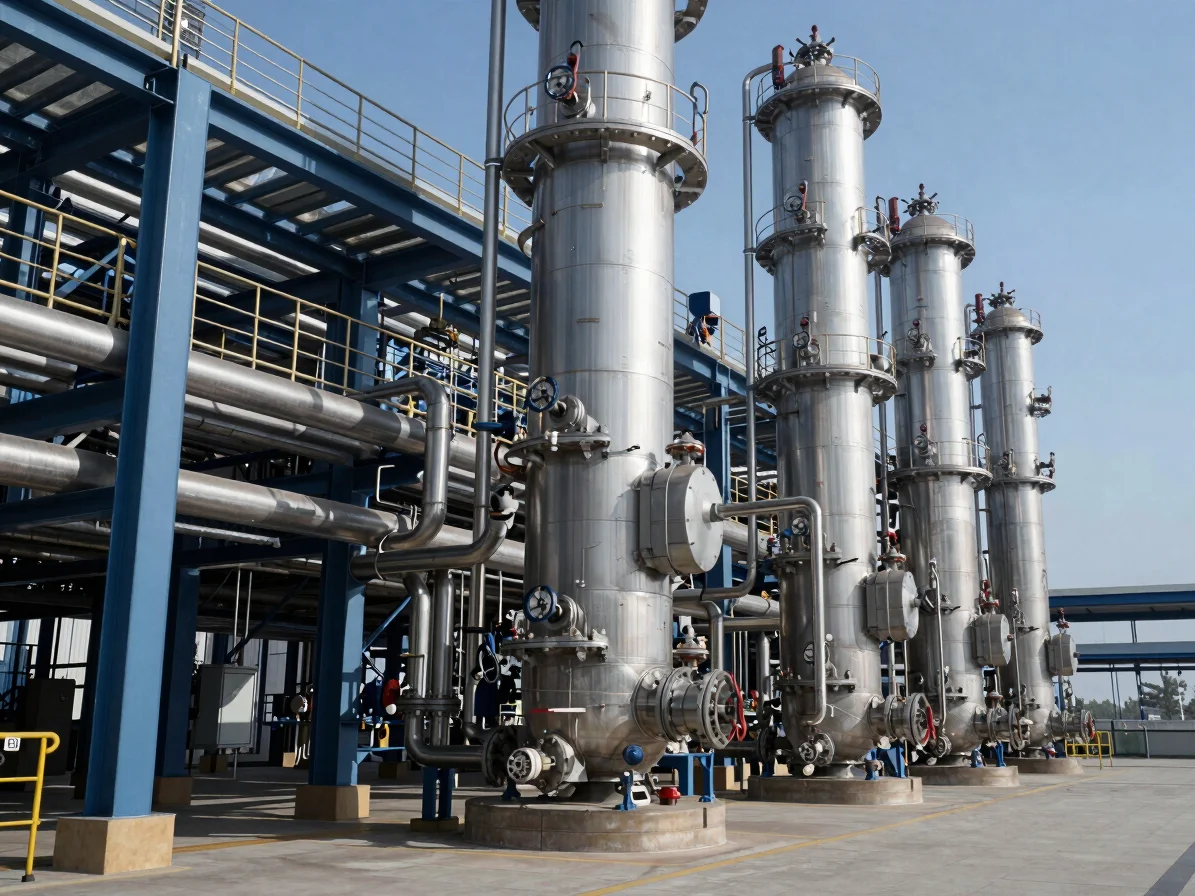 Architectural shot of a chemical processing plant, complex pipewo