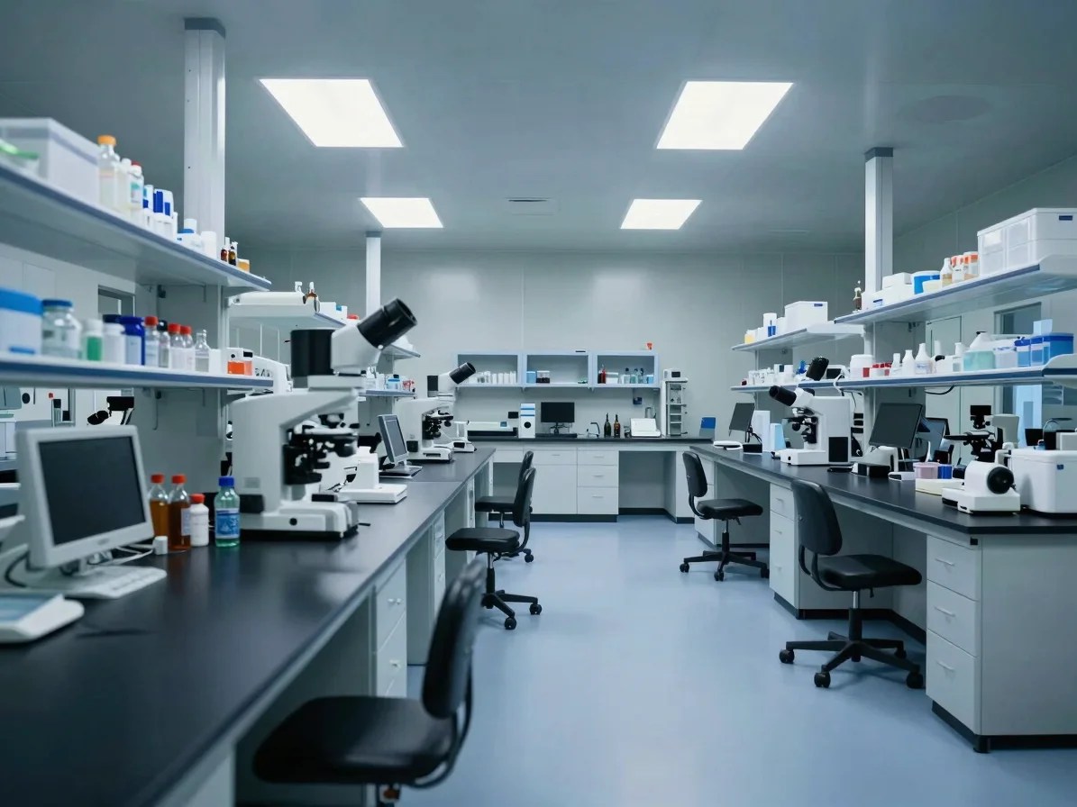 Modern life sciences laboratory, clean room environment, subtle r