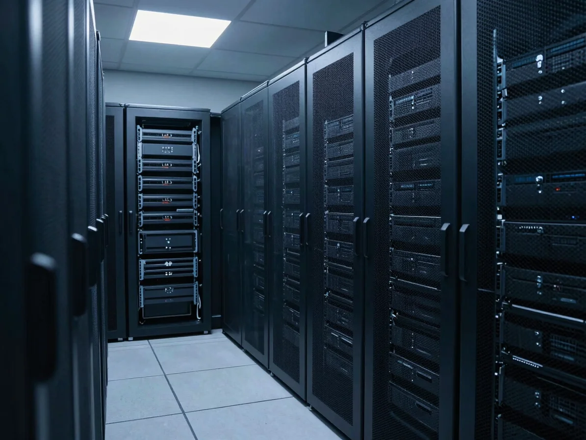 Abstract view of server racks in a data center, deep slate and na