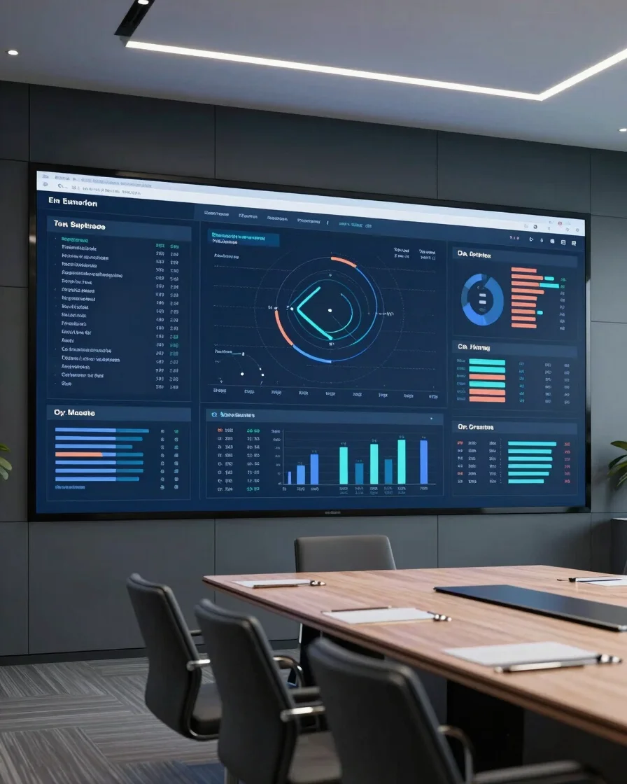 Executive in a modern, structured boardroom, reviewing complex data on a large screen, deep slate and cool navy tones, a