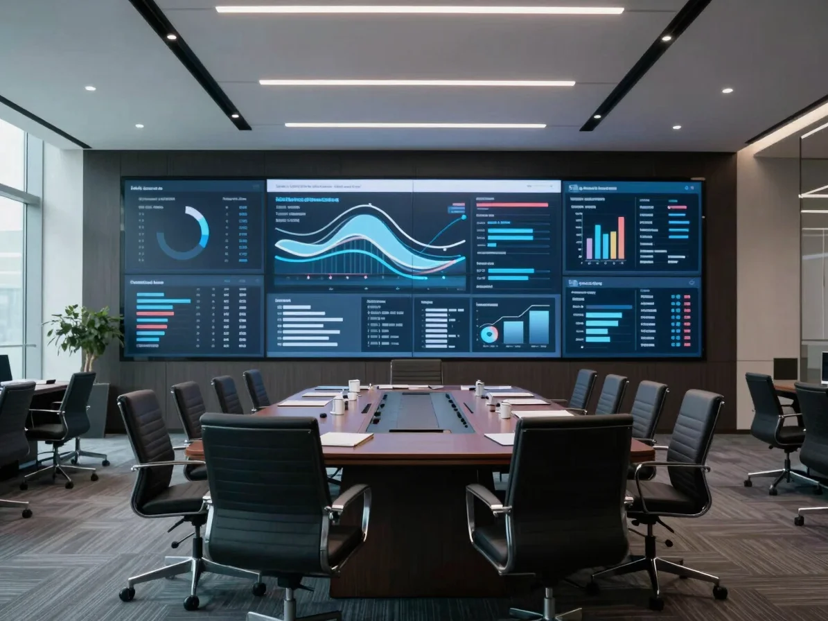 Wide structural perspective of a modern executive boardroom, with